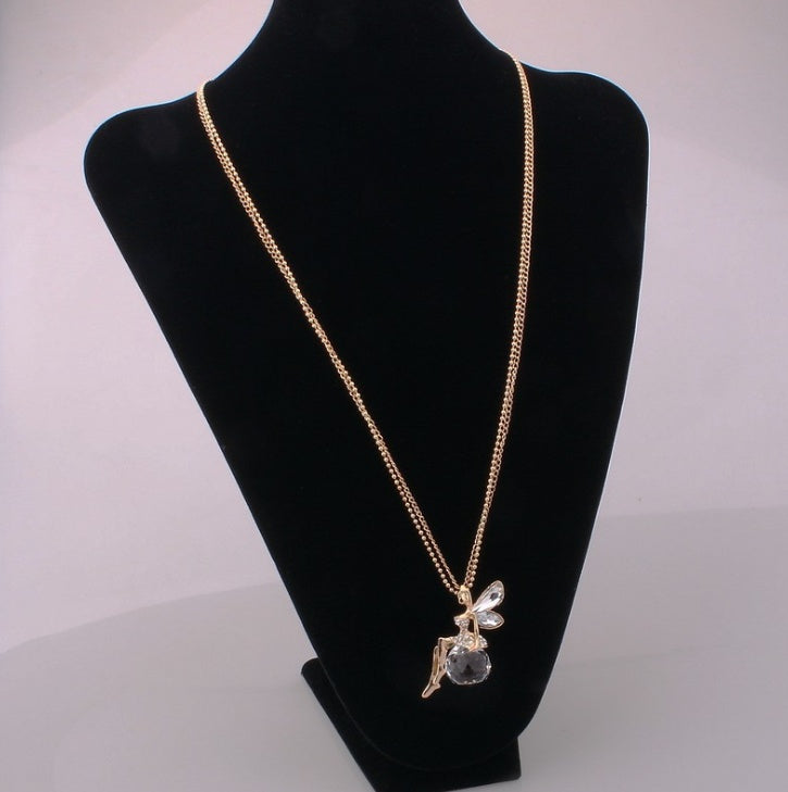 Korean fashion angel crystal wings long necklace chain sweater chain clavicle chain