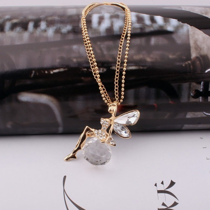 Korean fashion angel crystal wings long necklace chain sweater chain clavicle chain