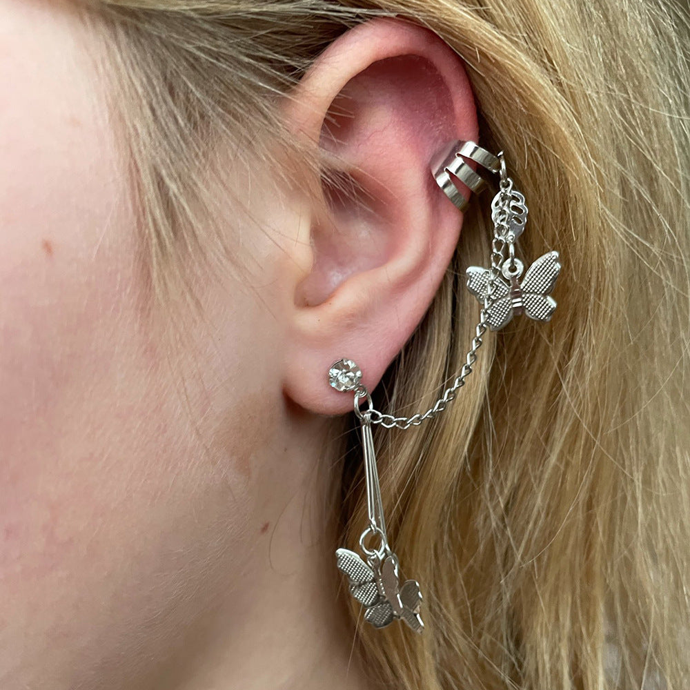 Frosty Wind Earrings Vintage Metal Butterfly Diamond Tassel Earrings Earrings